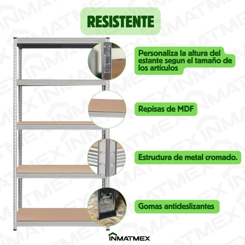 Rack Organizador INMATMEX de 5 Niveles, Ajustable y Modular, Metal Cromado y MDF, Capacidad de 180 kg