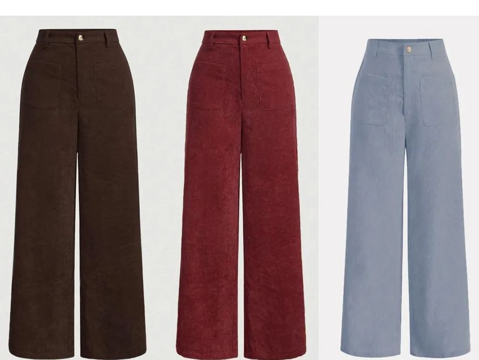 Pantalones de mujer lisos con bolsillos y botones en la parte delantera, de pierna ancha