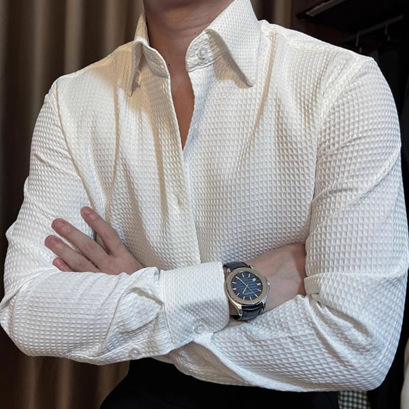 Men's sophisticated business high-end waffle knit seamless loose casual long-sleeved shirt