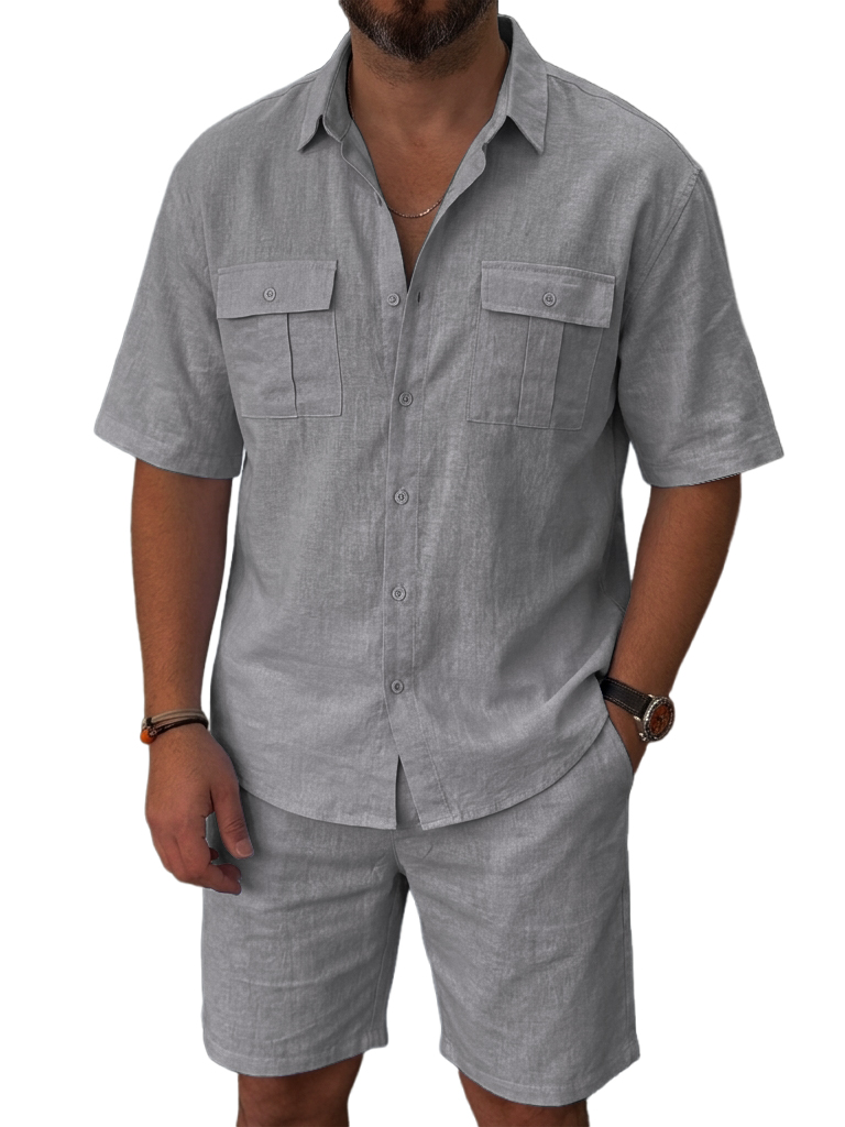 100% Linen and Cotton Old Money Style Comfortable Casual Double Pocket Shirt and Shorts OOTD