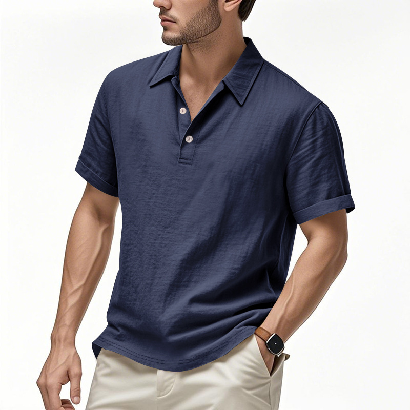 Men's Summer British-Style Solid Color Casual Button-Down Loose-Fit Linen Polo Shirt with Spread Collar and Short Sleeves
