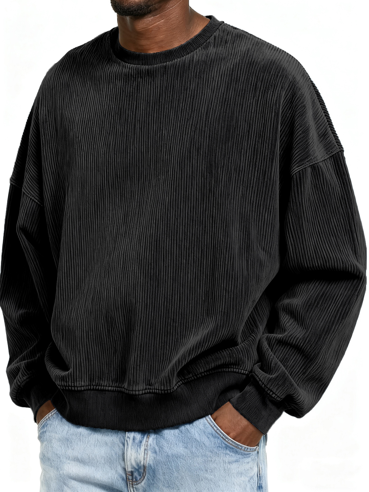 Stylish Ribbed Basic Crew Neck Pullover Sweatshirt