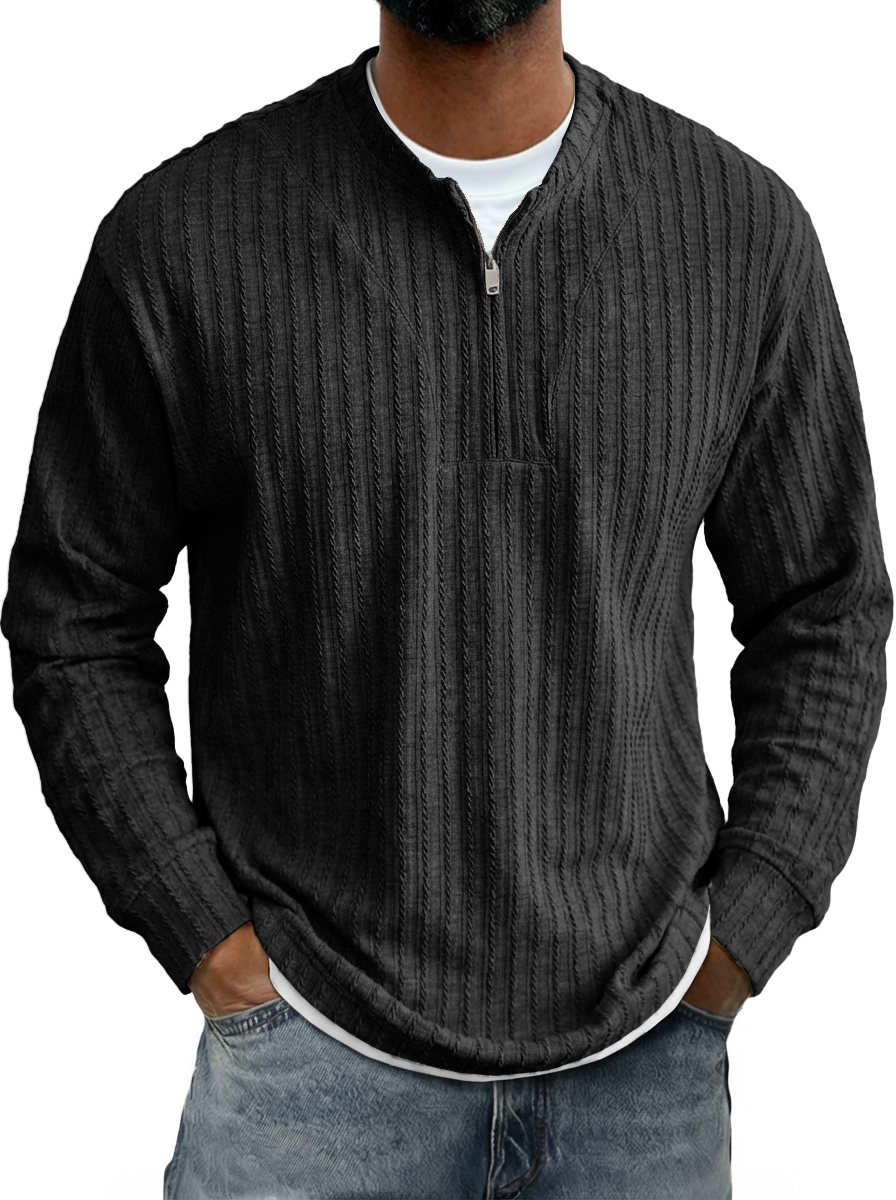 Men's Casual Striped Jacquard Zip-Up Crew Neck Long-Sleeve T-Shirt