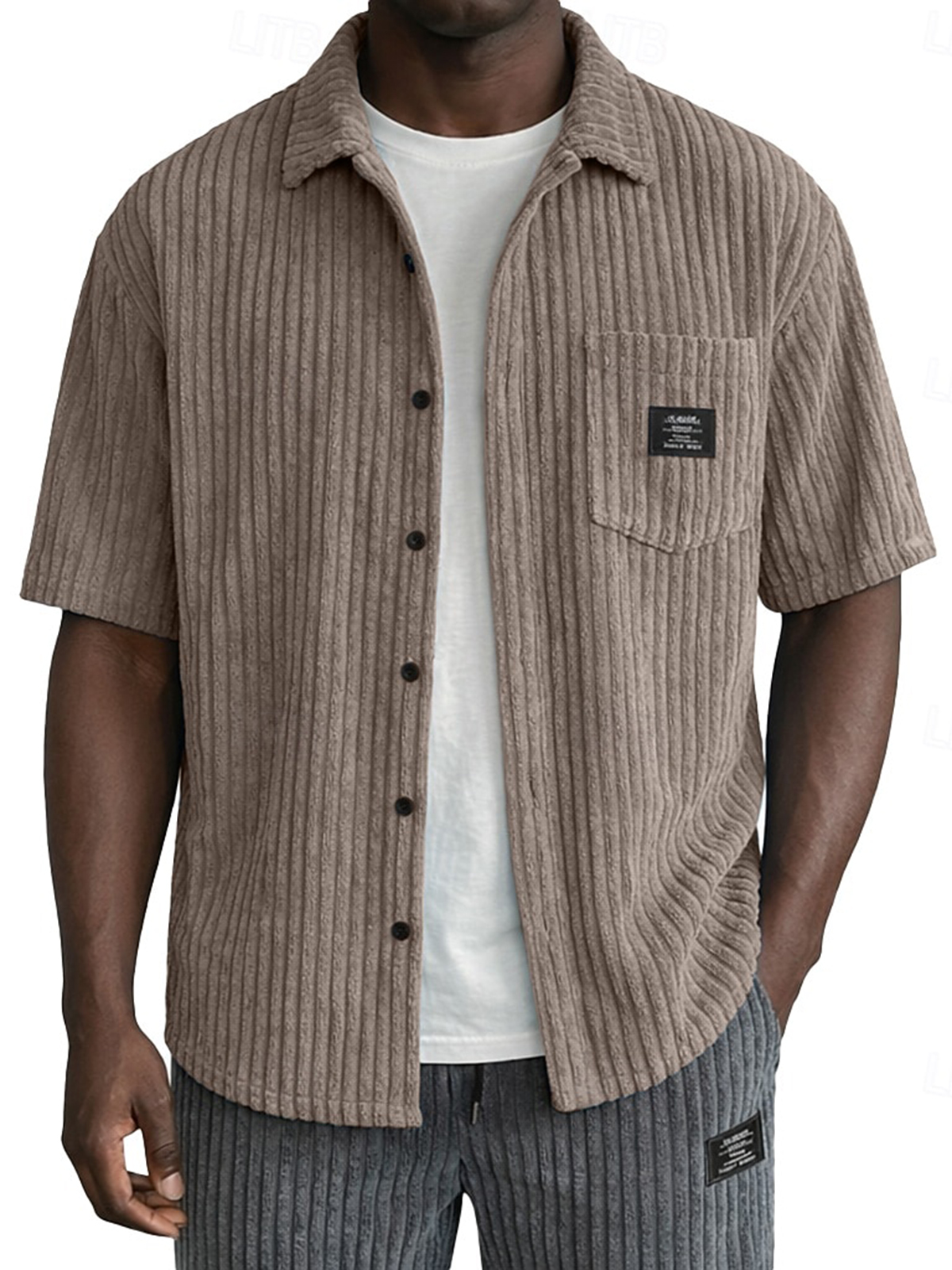 Men's Retro Casual Corduroy Pocket Logo Short-Sleeve Shirt