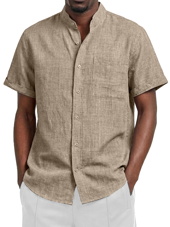 Men's Linen Casual Stand Collar Pocket Short-Sleeve Shirt