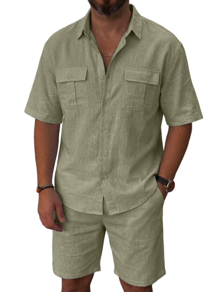 100% Linen and Cotton Old Money Style Comfortable Casual Double Pocket Shirt and Shorts OOTD