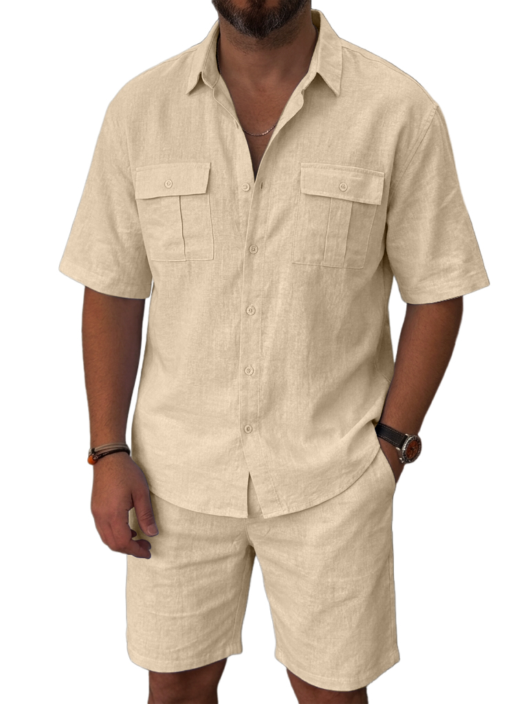 100% Linen and Cotton Old Money Style Comfortable Casual Double Pocket Shirt and Shorts OOTD