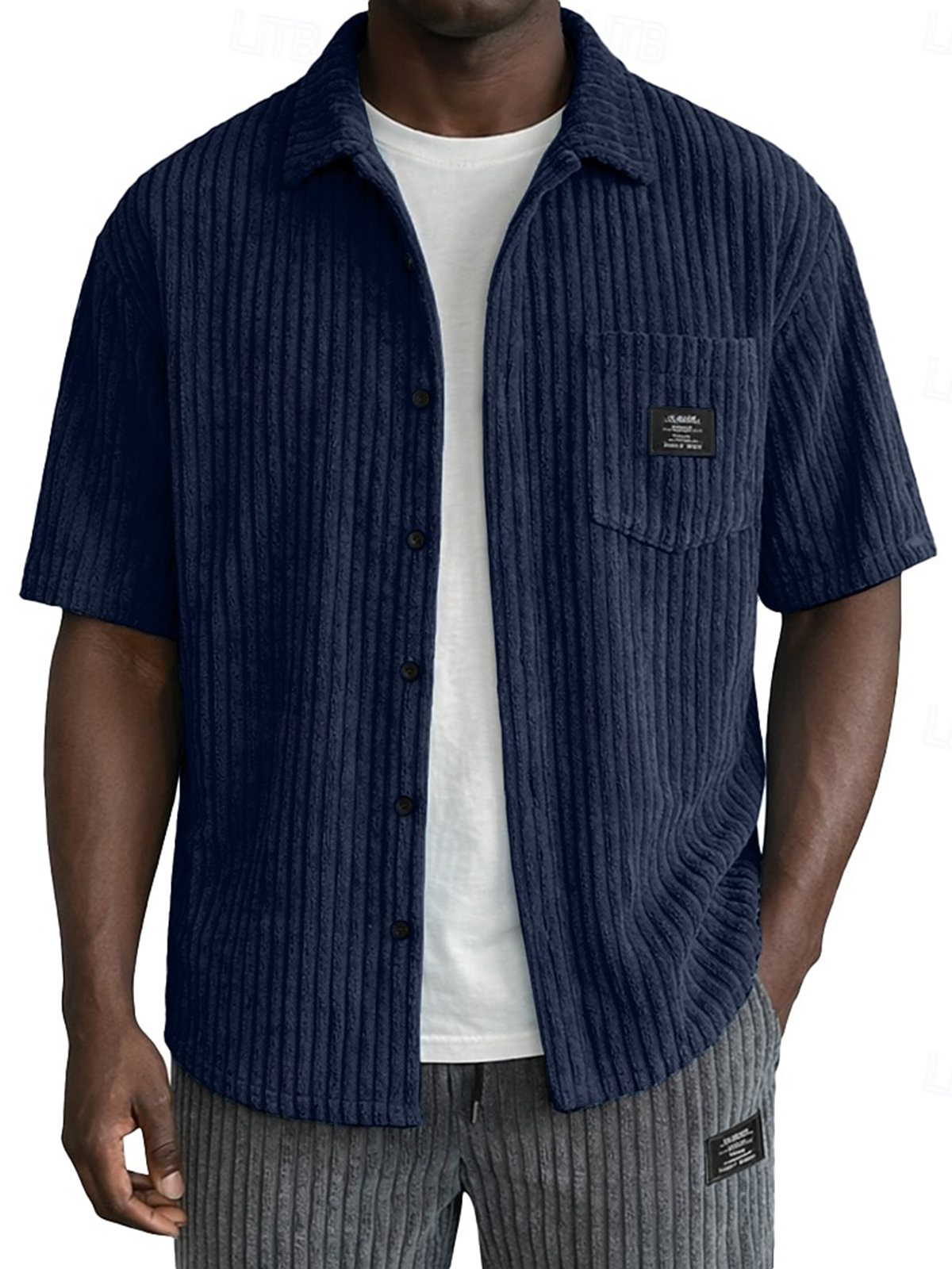 Men's Retro Casual Corduroy Pocket Logo Short-Sleeve Shirt