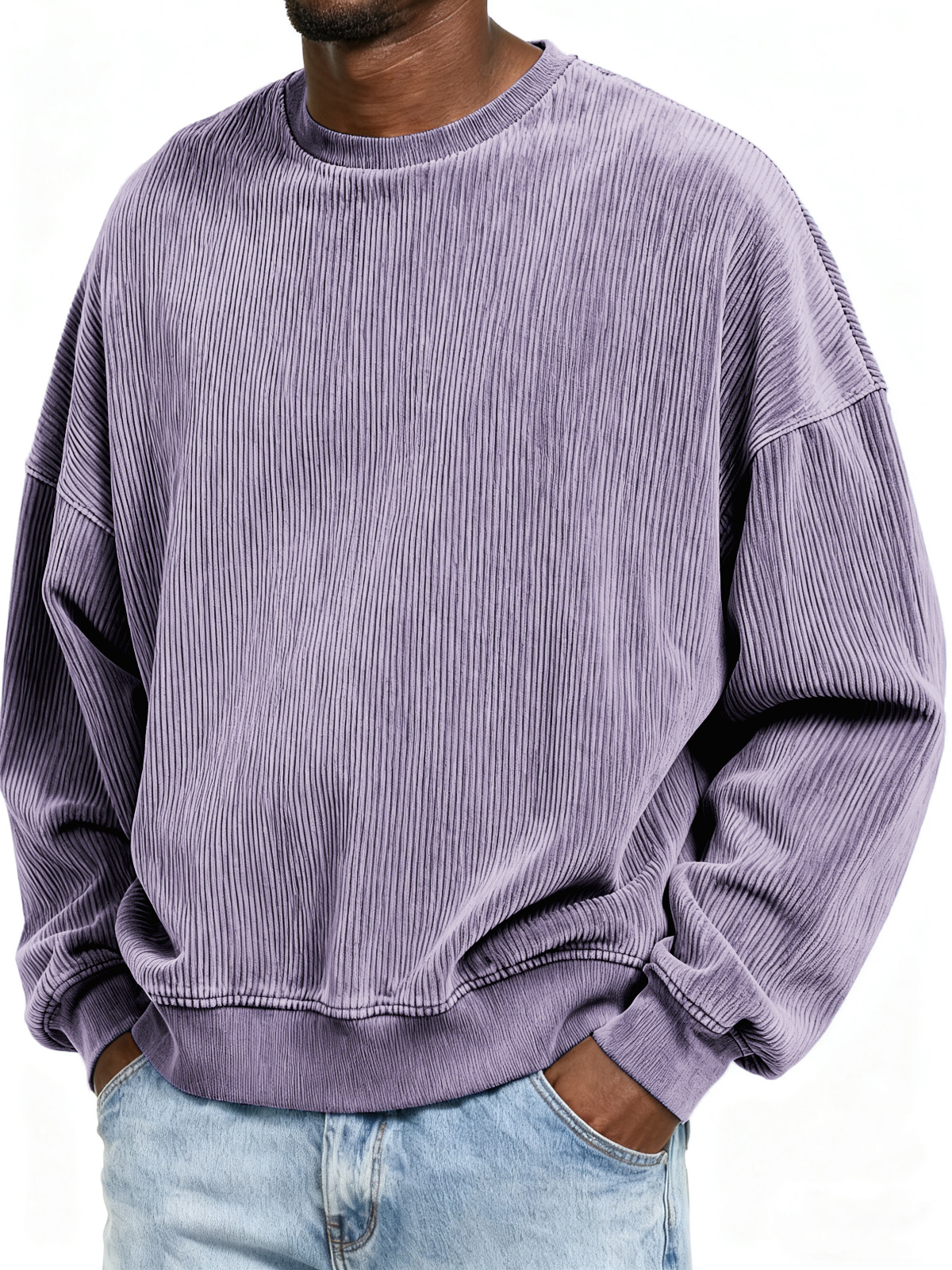 Stylish Ribbed Basic Crew Neck Pullover Sweatshirt