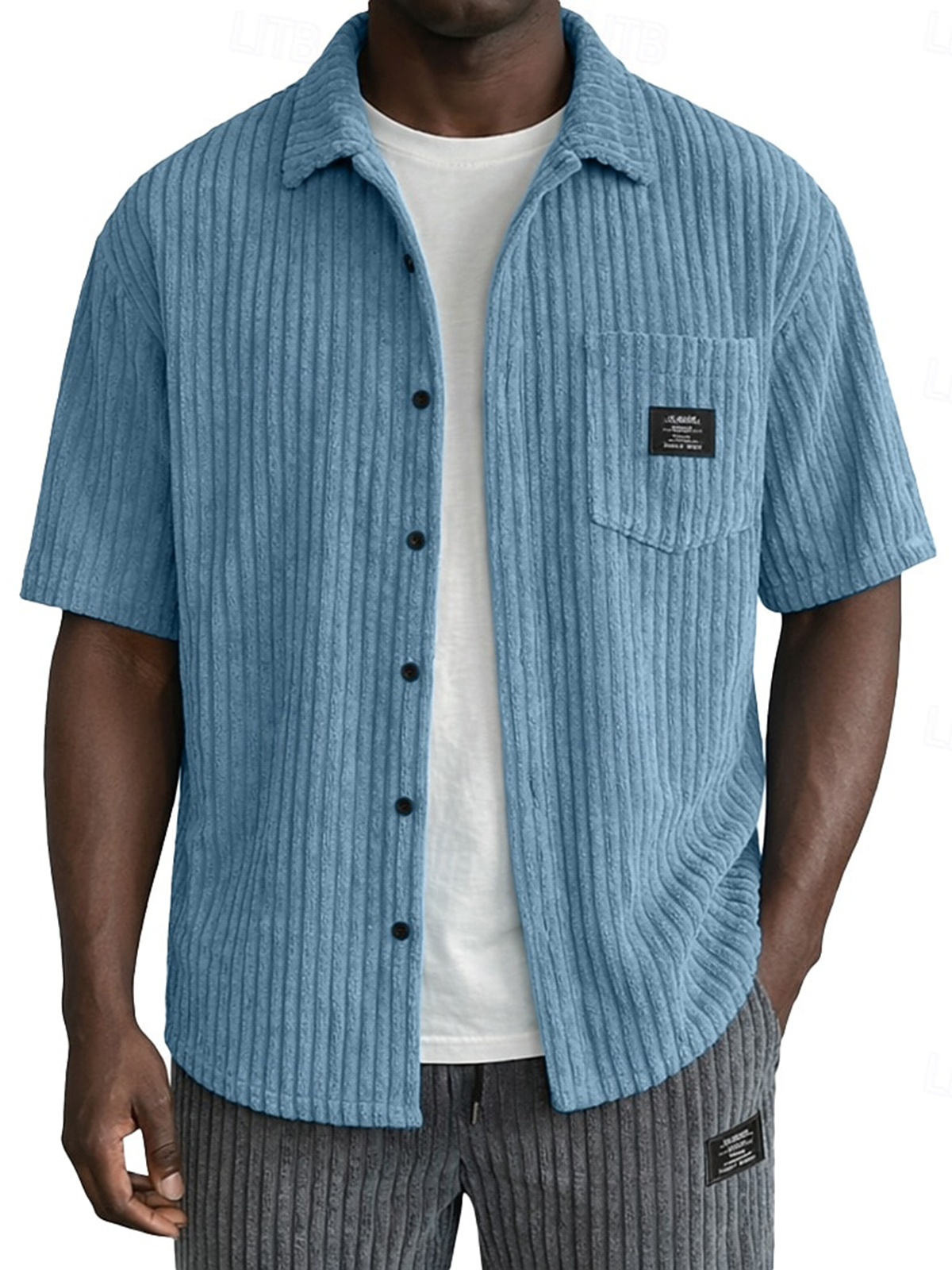 Men's Retro Casual Corduroy Pocket Logo Short-Sleeve Shirt