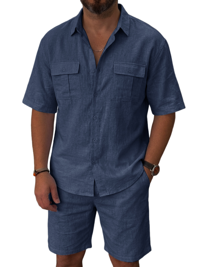 100% Linen and Cotton Old Money Style Comfortable Casual Double Pocket Shirt and Shorts OOTD