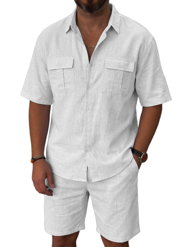 100% Linen and Cotton Old Money Style Comfortable Casual Double Pocket Shirt and Shorts OOTD