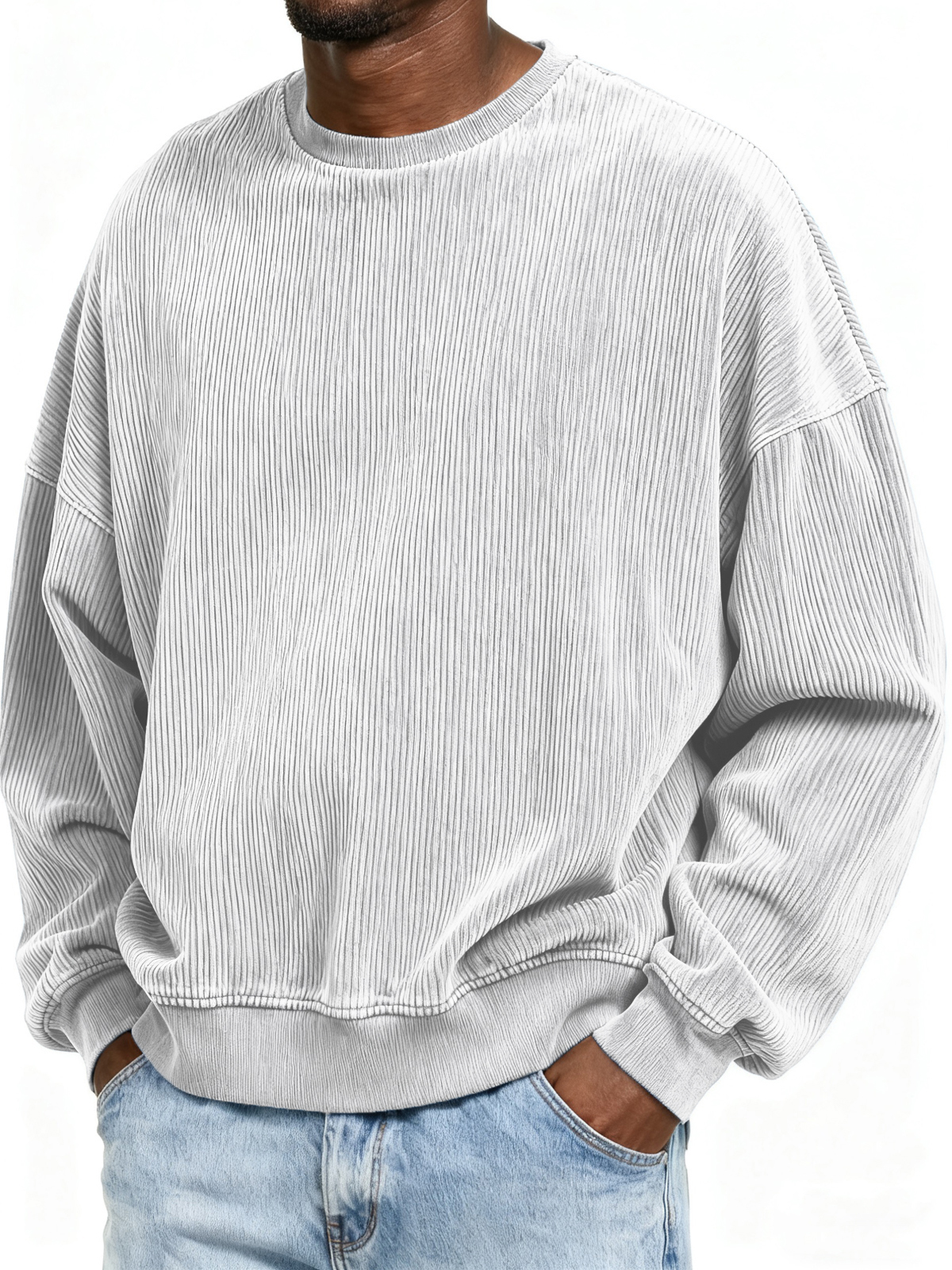 Stylish Ribbed Basic Crew Neck Pullover Sweatshirt
