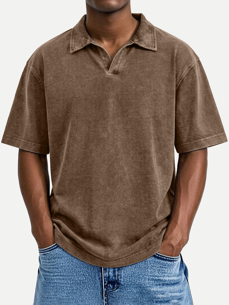 Men's Vintage Distressed Loose-Fit Casual Seagull Collar Short-Sleeve Polo Shirt