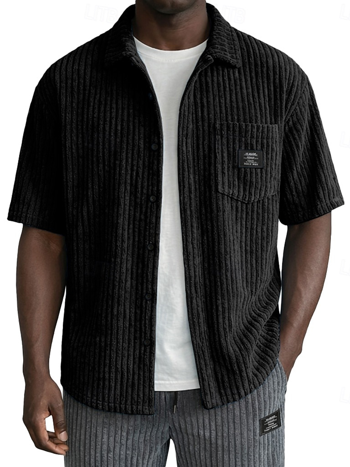 Men's Retro Casual Corduroy Pocket Logo Short-Sleeve Shirt