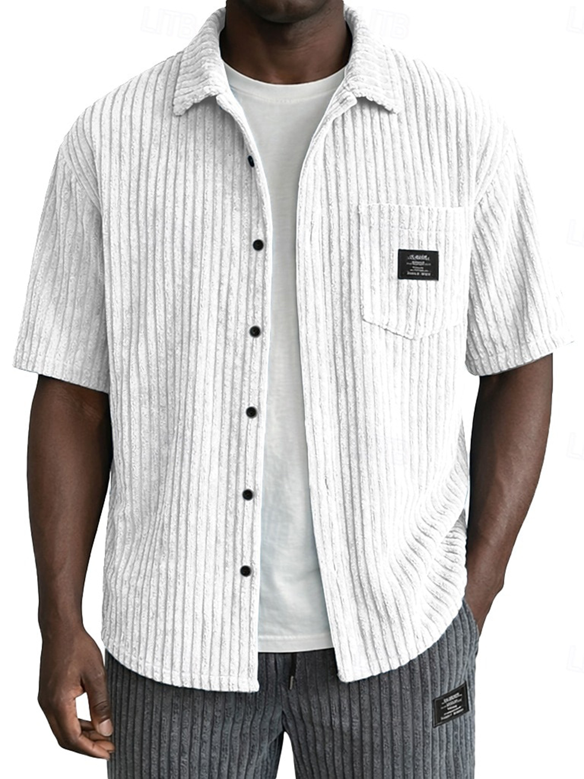 Men's Retro Casual Corduroy Pocket Logo Short-Sleeve Shirt