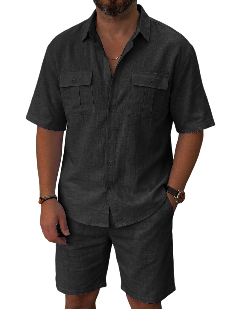 100% Linen and Cotton Old Money Style Comfortable Casual Double Pocket Shirt and Shorts OOTD