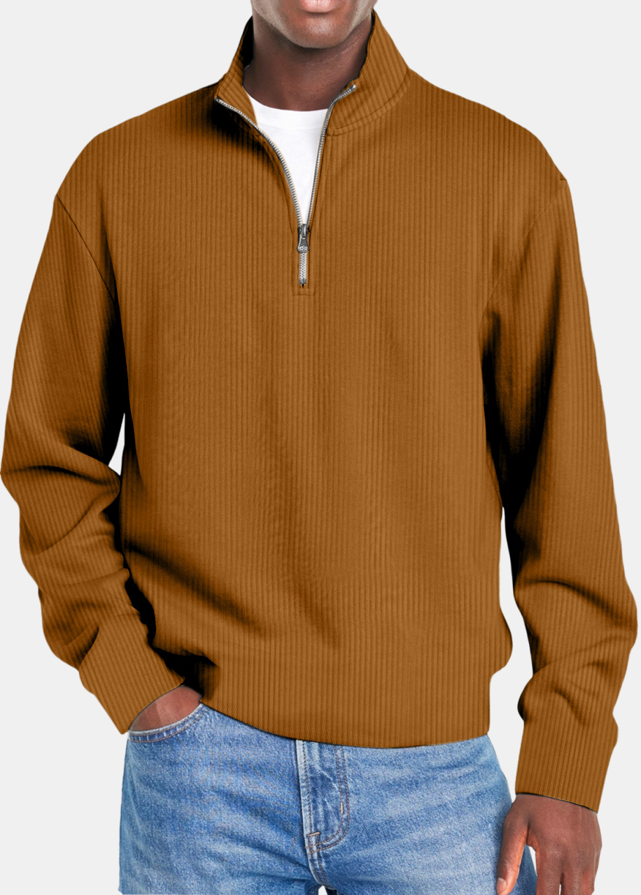 Men's Autumn Simple Vertical Strip Comfortable Zipper Long-sleeved Polo Shirt