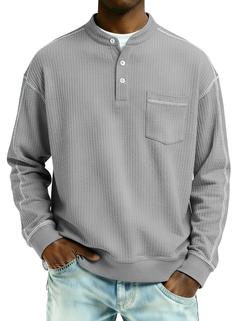 Men's Fashion Casual Contrast Waffle Fabric Pocket Long-Sleeve Henley Shirt