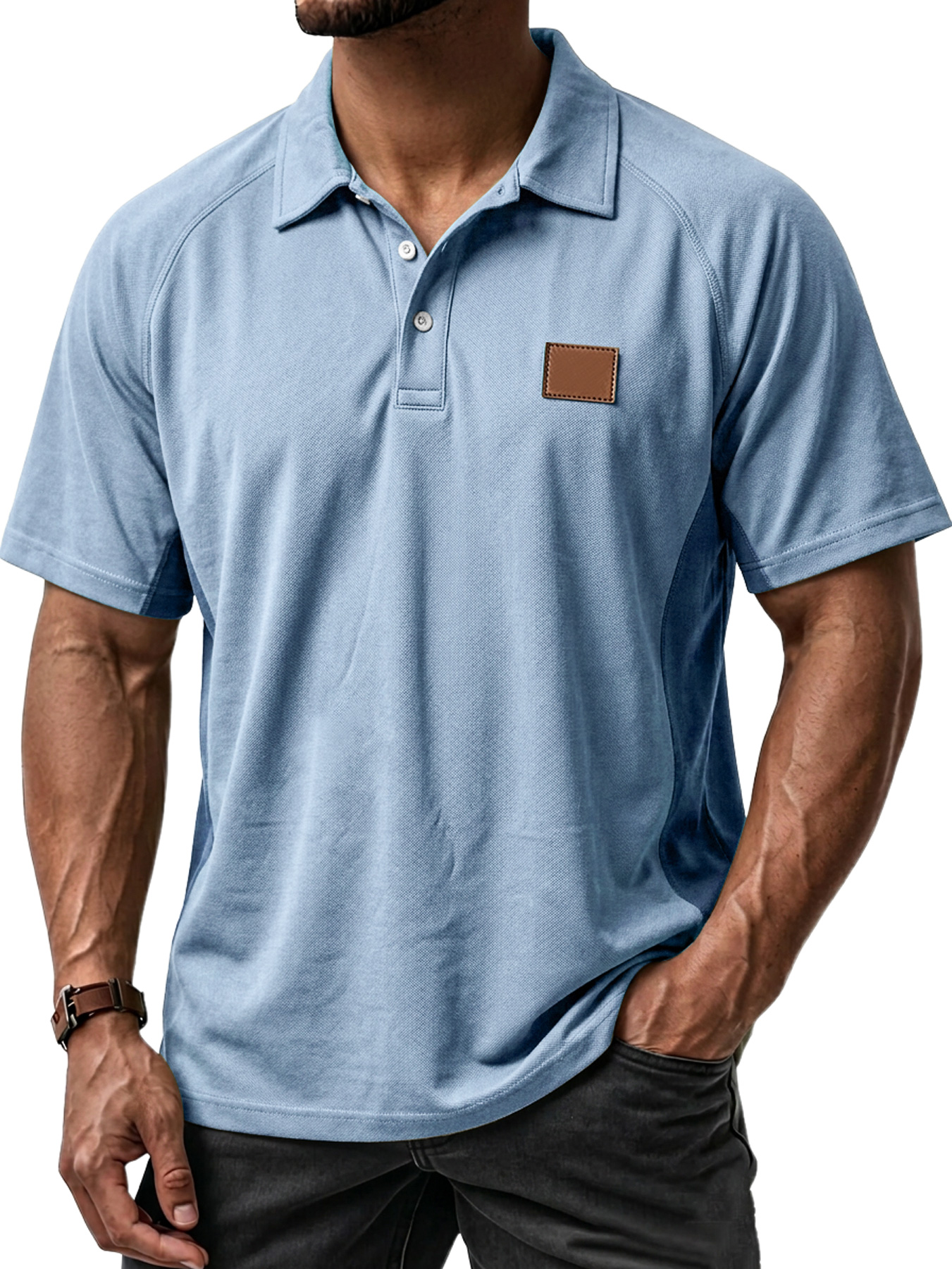 Men's Casual Raglan Color Block Embroidered Label Short-Sleeve Polo Shirt