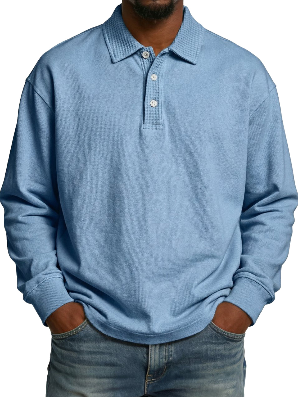 Men's Lapel Button-up Waffle-knit Patchwork Casual Long-sleeved Polo Shirt