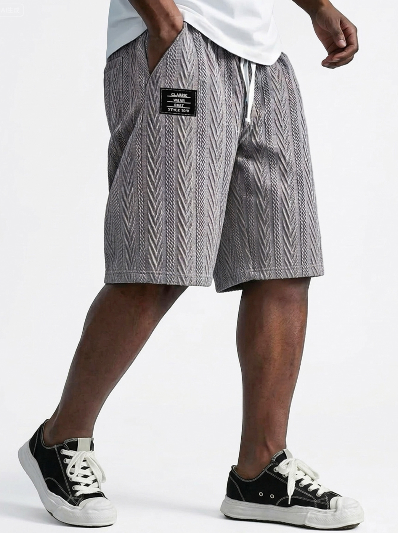 Men's Casual Textured Embroidered Logo Elastic Waist Solid Color Shorts