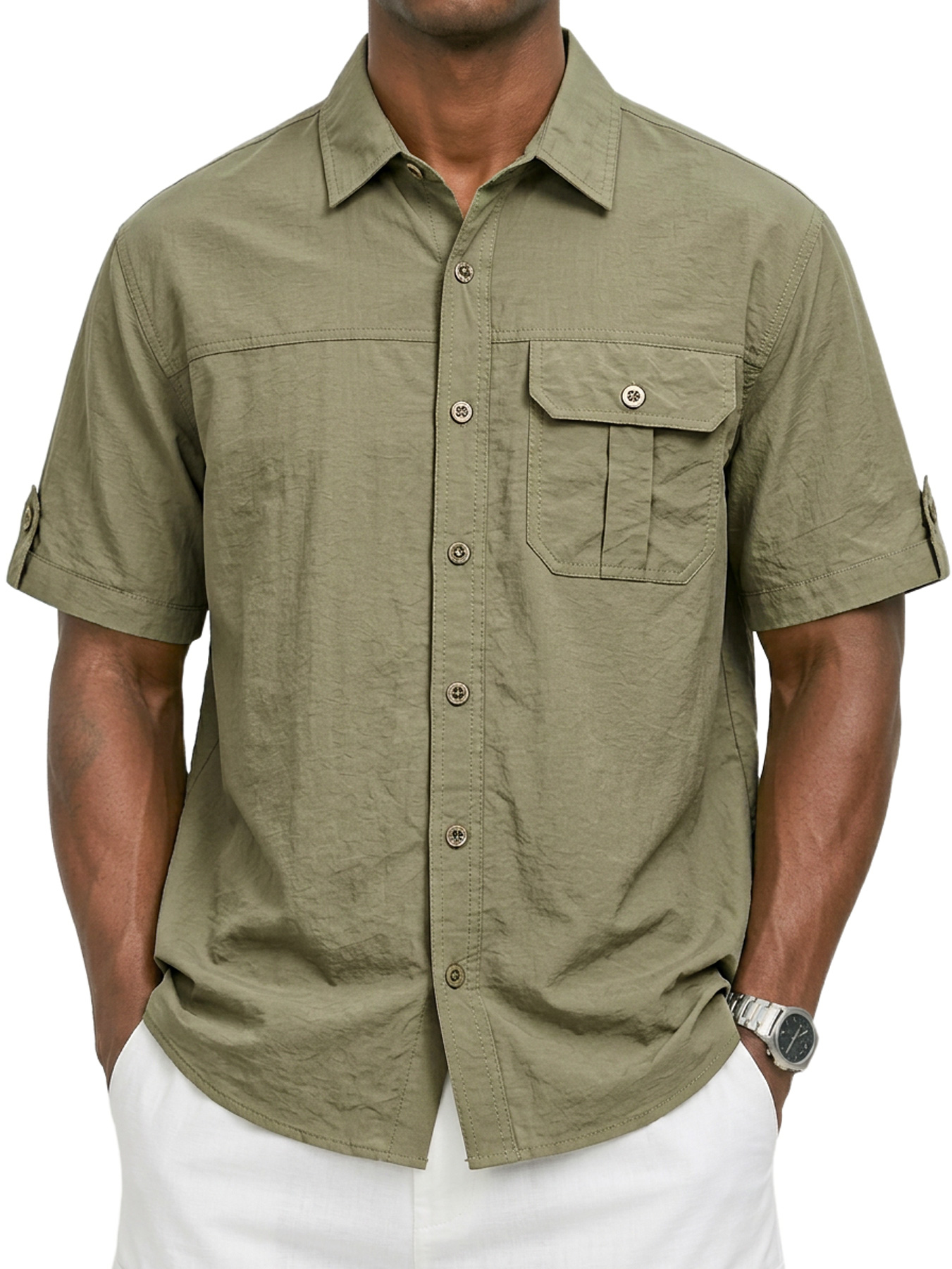 Men's Casual Breathable Collared Pocket Work Short-Sleeve Shirt