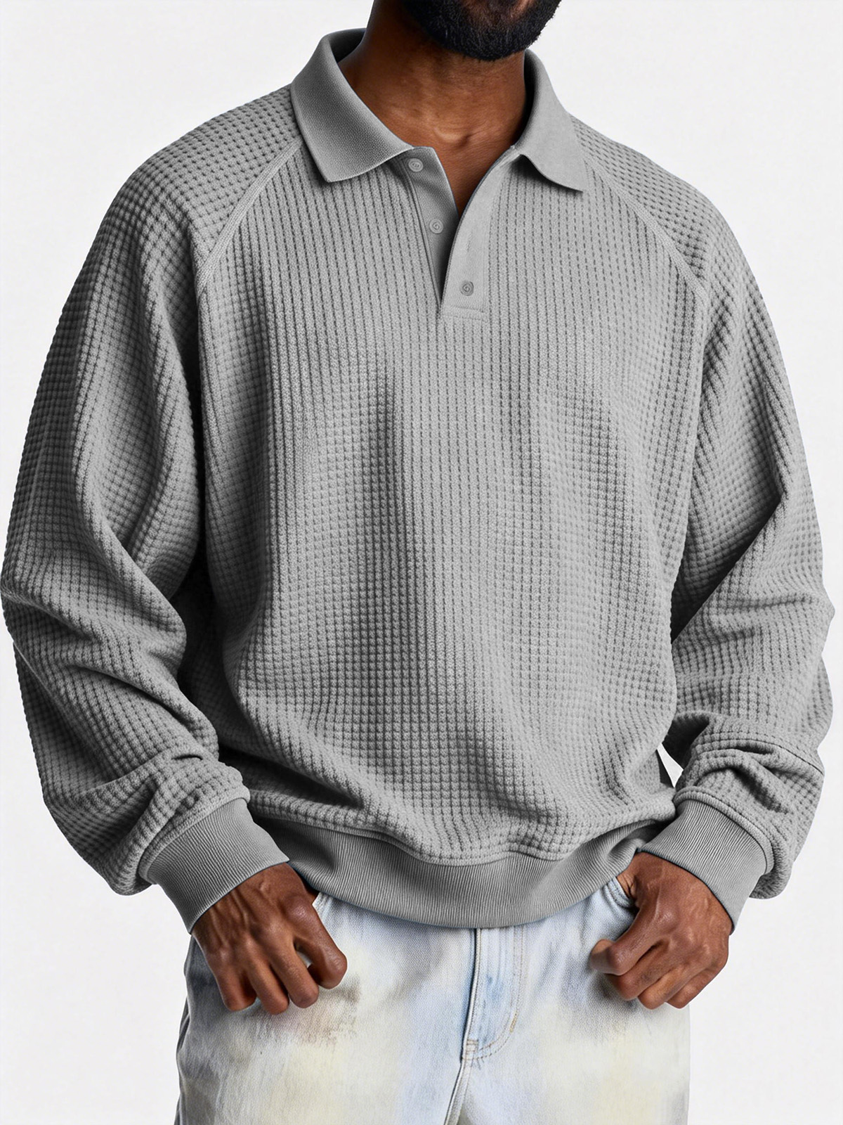 Men's Fashionable Casual Waffle Fabric Raglan Loose-Fit Collar Polo Shirt