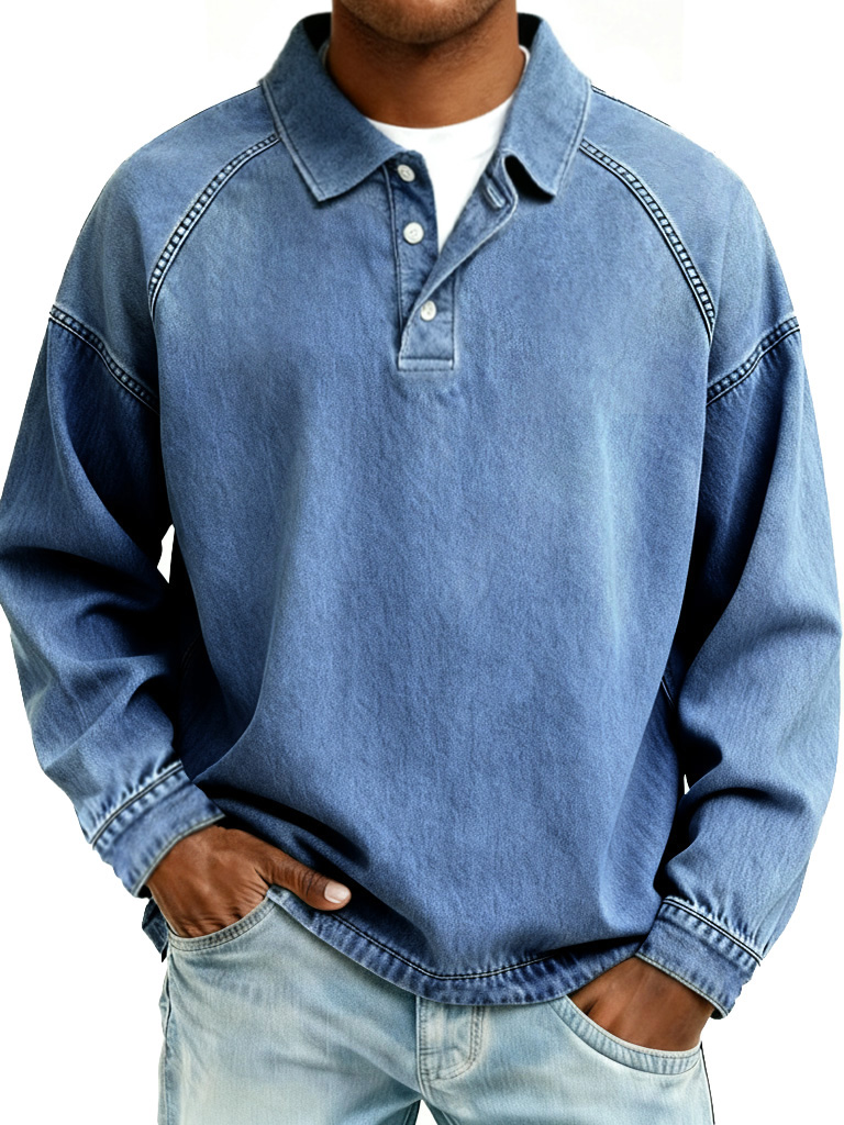 Men's Retro Fashion Distressed Raglan Sleeve Lapel Long-Sleeve Polo Shirt