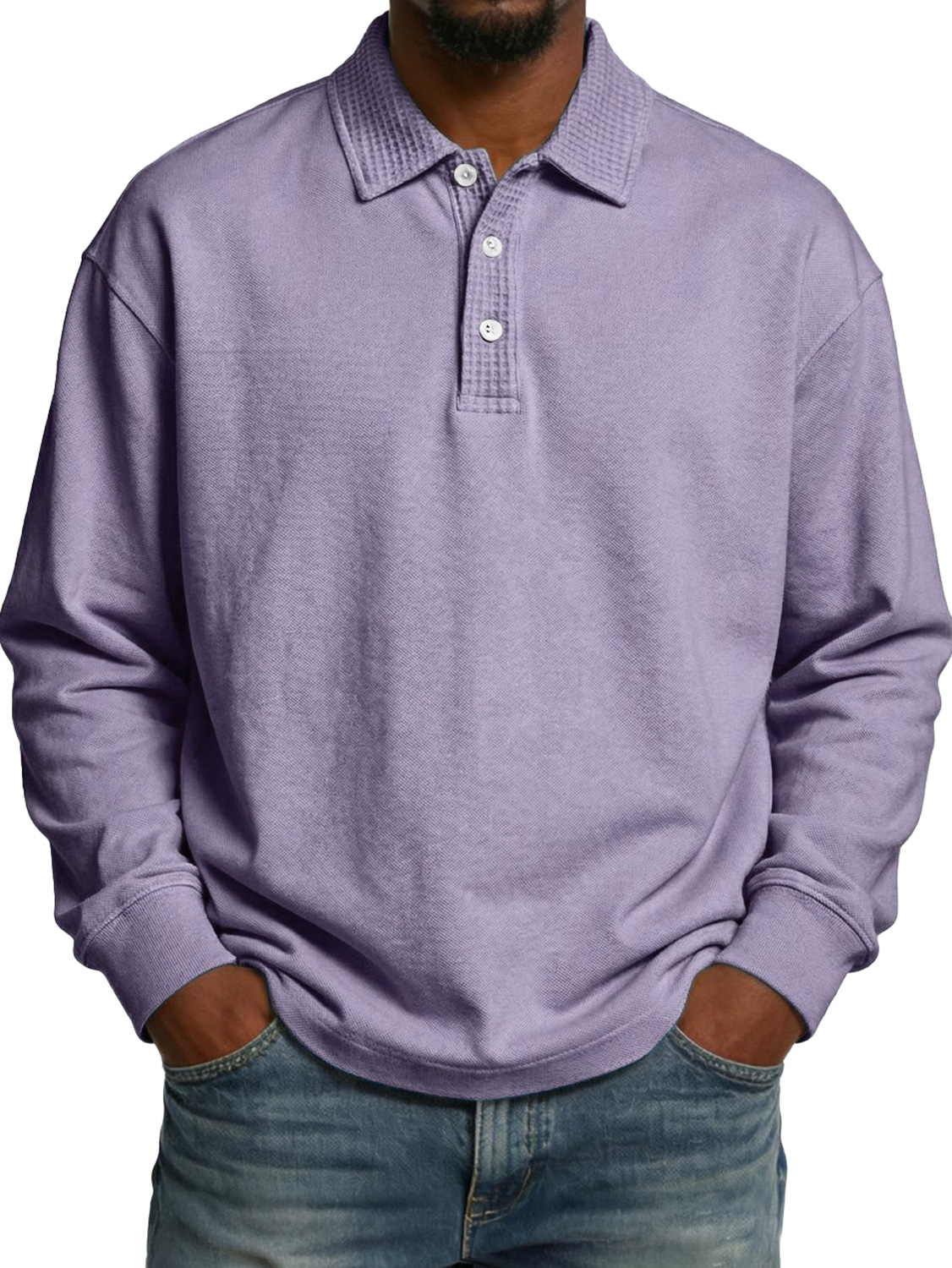 Men's Lapel Button-up Waffle-knit Patchwork Casual Long-sleeved Polo Shirt