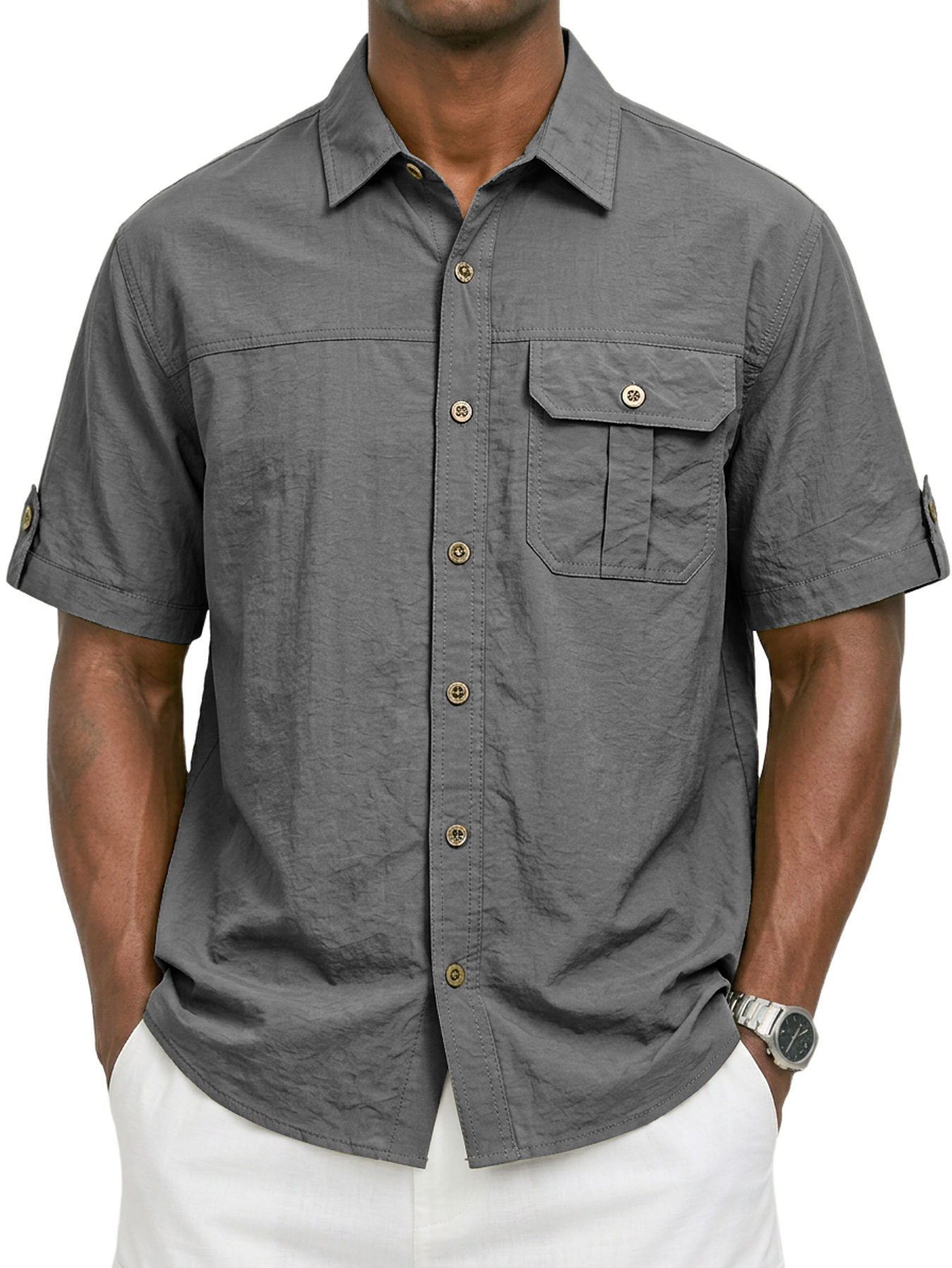 Men's Casual Breathable Collared Pocket Work Short-Sleeve Shirt