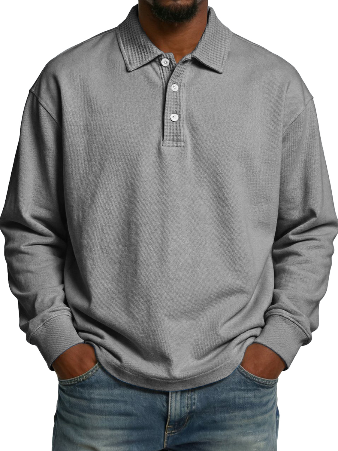 Men's Lapel Button-up Waffle-knit Patchwork Casual Long-sleeved Polo Shirt