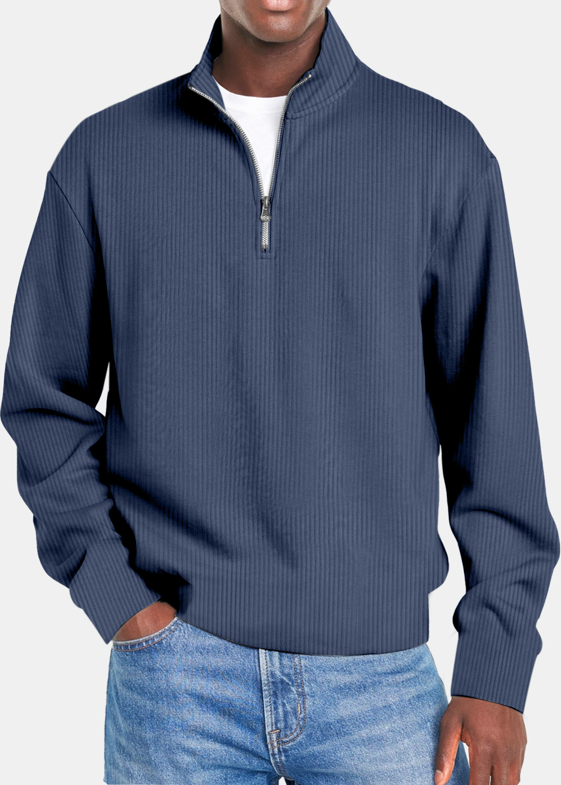 Men's Autumn Simple Vertical Strip Comfortable Zipper Long-sleeved Polo Shirt