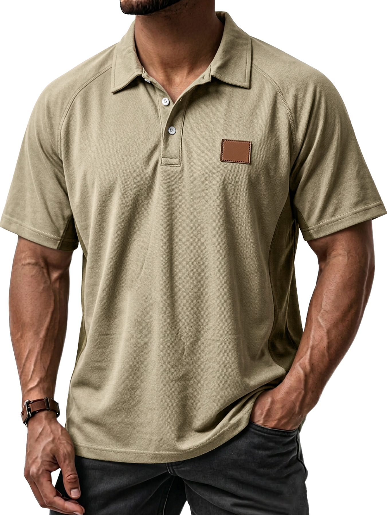 Men's Casual Raglan Color Block Embroidered Label Short-Sleeve Polo Shirt