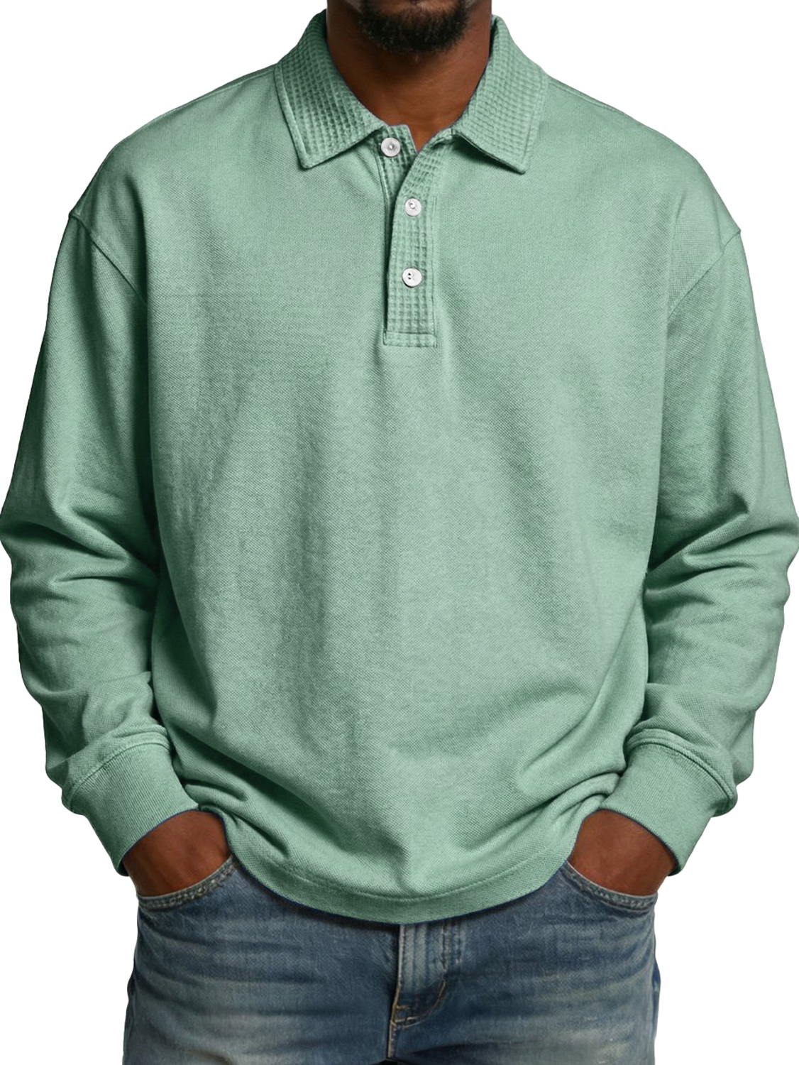 Men's Lapel Button-up Waffle-knit Patchwork Casual Long-sleeved Polo Shirt