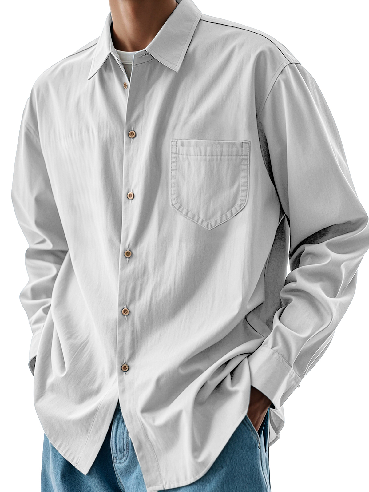 Men's Fashion Casual Pleated Fabric Pocket Lapel Long-sleeved Shirt