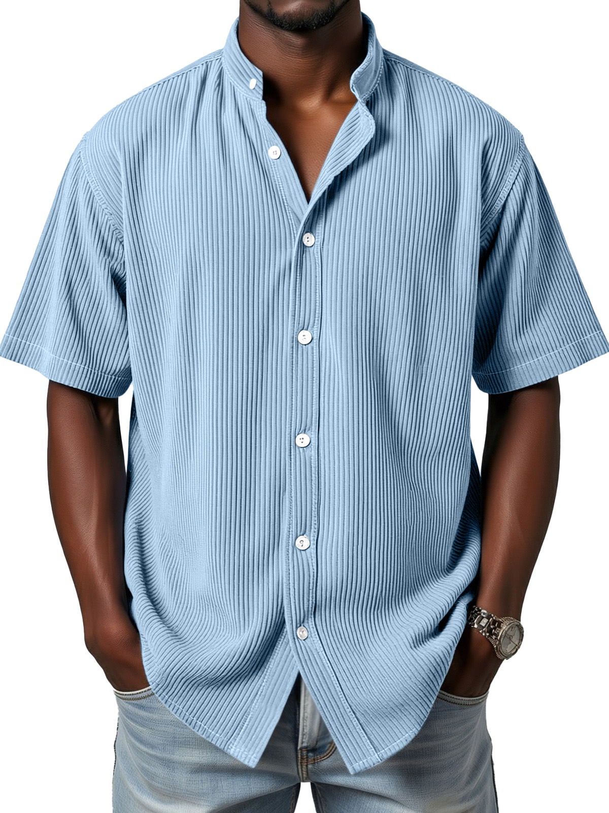 Men's daily simple vertical pit stripe stand collar button short-sleeved shirt