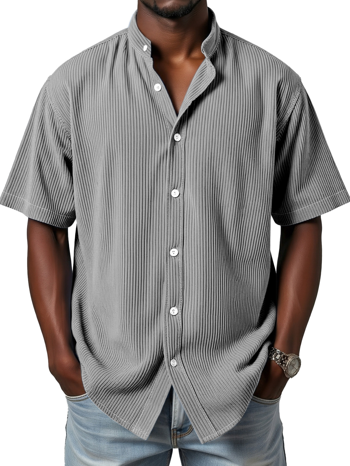Men's daily simple vertical pit stripe stand collar button short-sleeved shirt