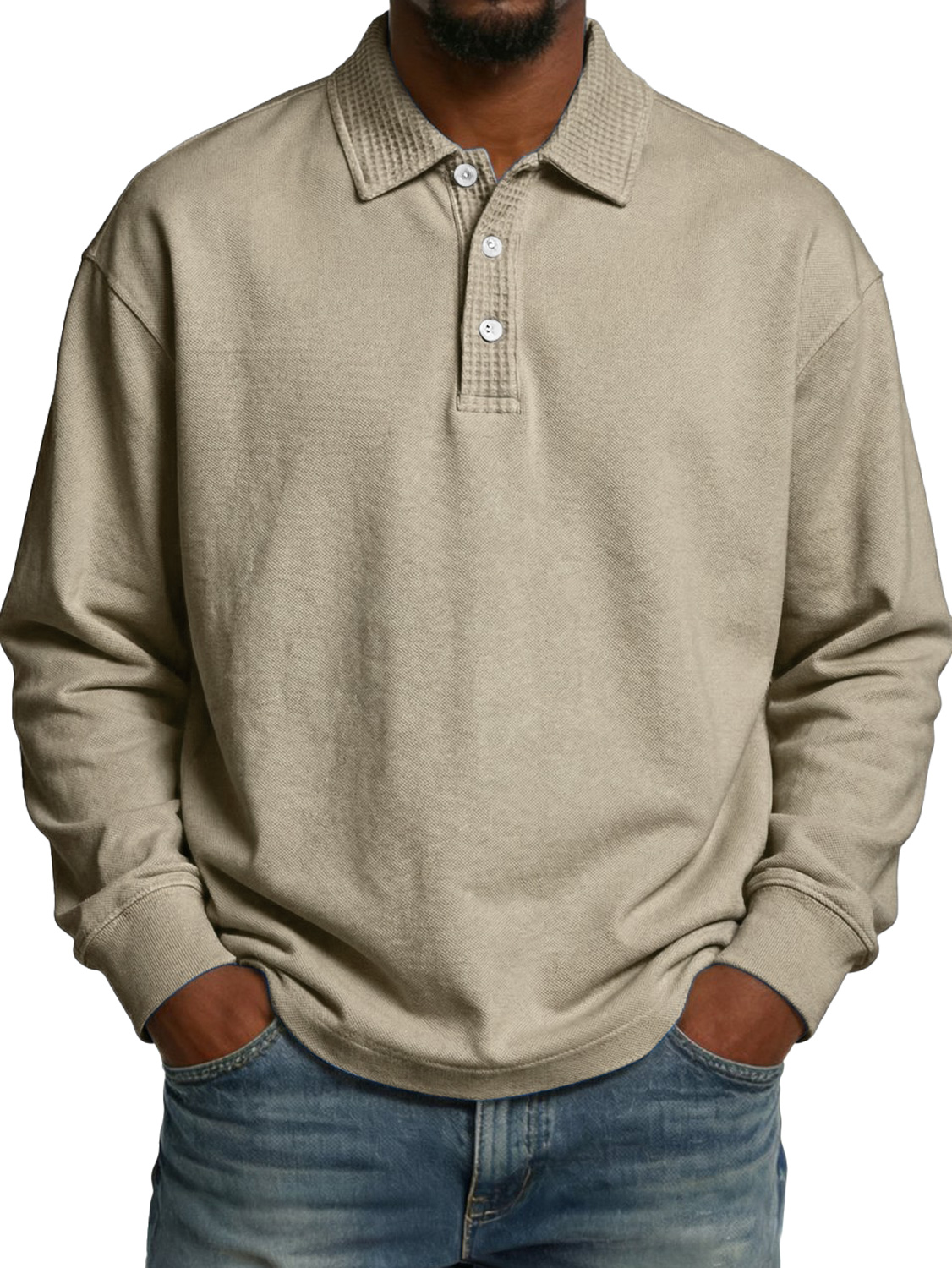 Men's Lapel Button-up Waffle-knit Patchwork Casual Long-sleeved Polo Shirt