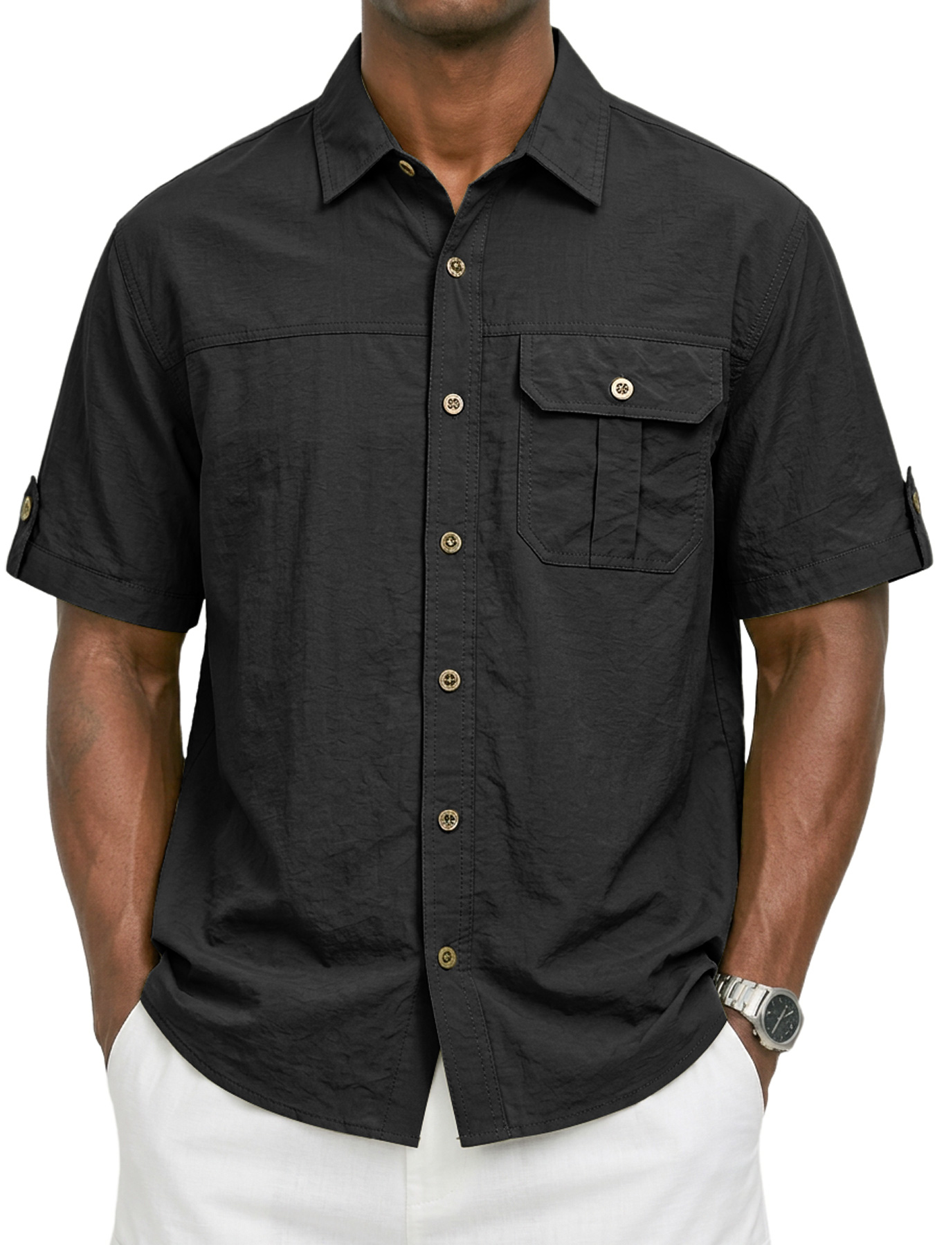 Men's Casual Breathable Collared Pocket Work Short-Sleeve Shirt