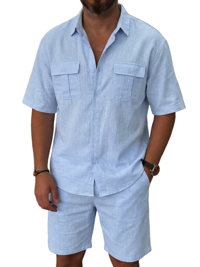 100% Linen and Cotton Old Money Style Comfortable Casual Double Pocket Shirt and Shorts OOTD