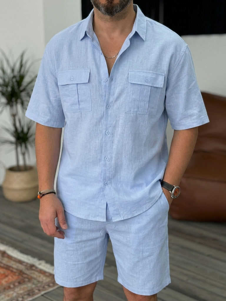100% Linen and Cotton Old Money Style Comfortable Casual Double Pocket Shirt and Shorts OOTD