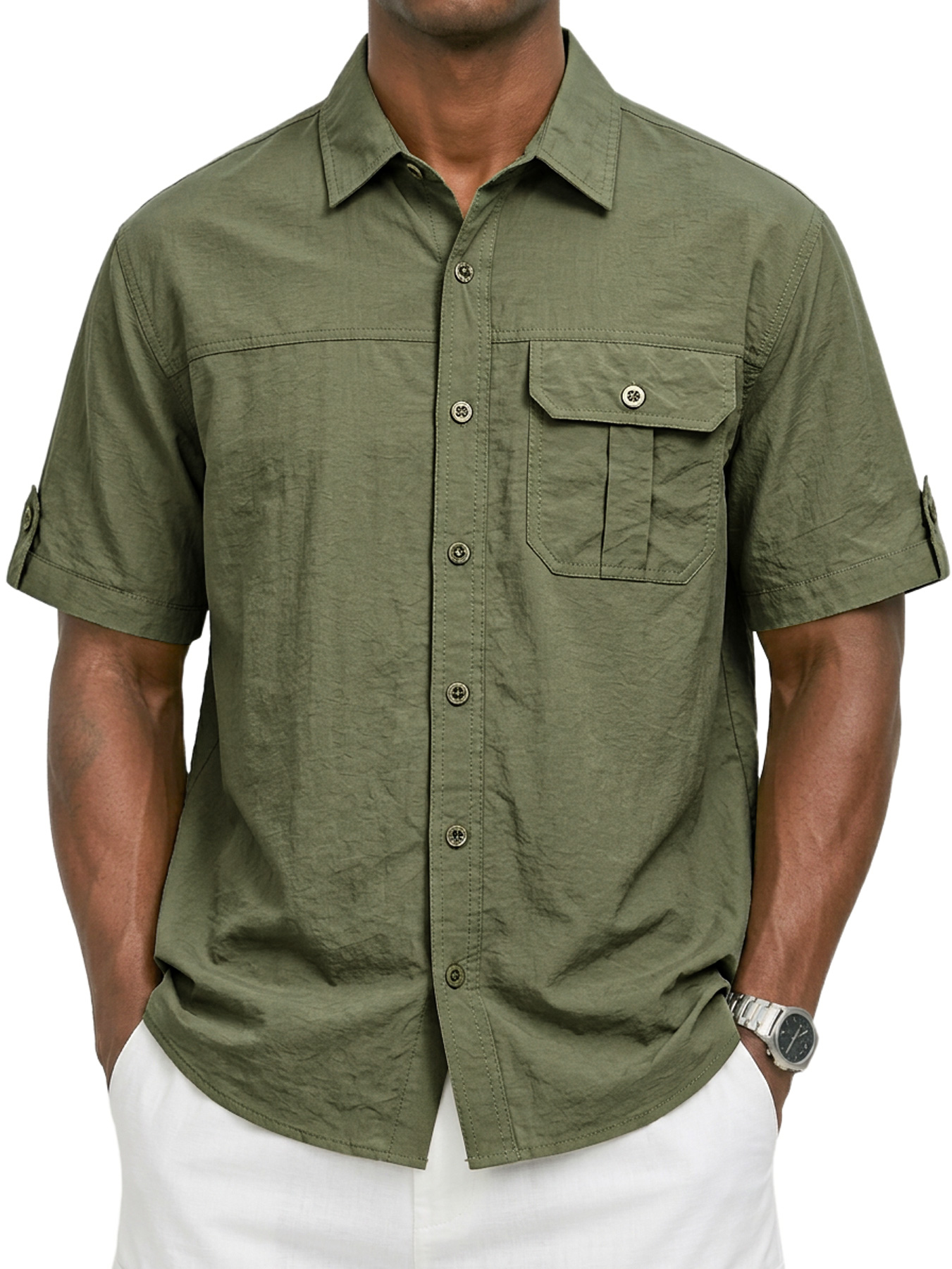 Men's Casual Breathable Collared Pocket Work Short-Sleeve Shirt
