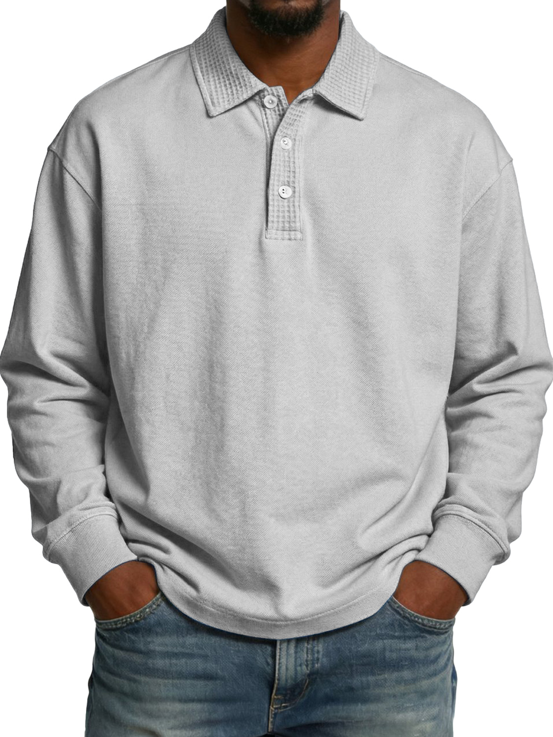 Men's Lapel Button-up Waffle-knit Patchwork Casual Long-sleeved Polo Shirt
