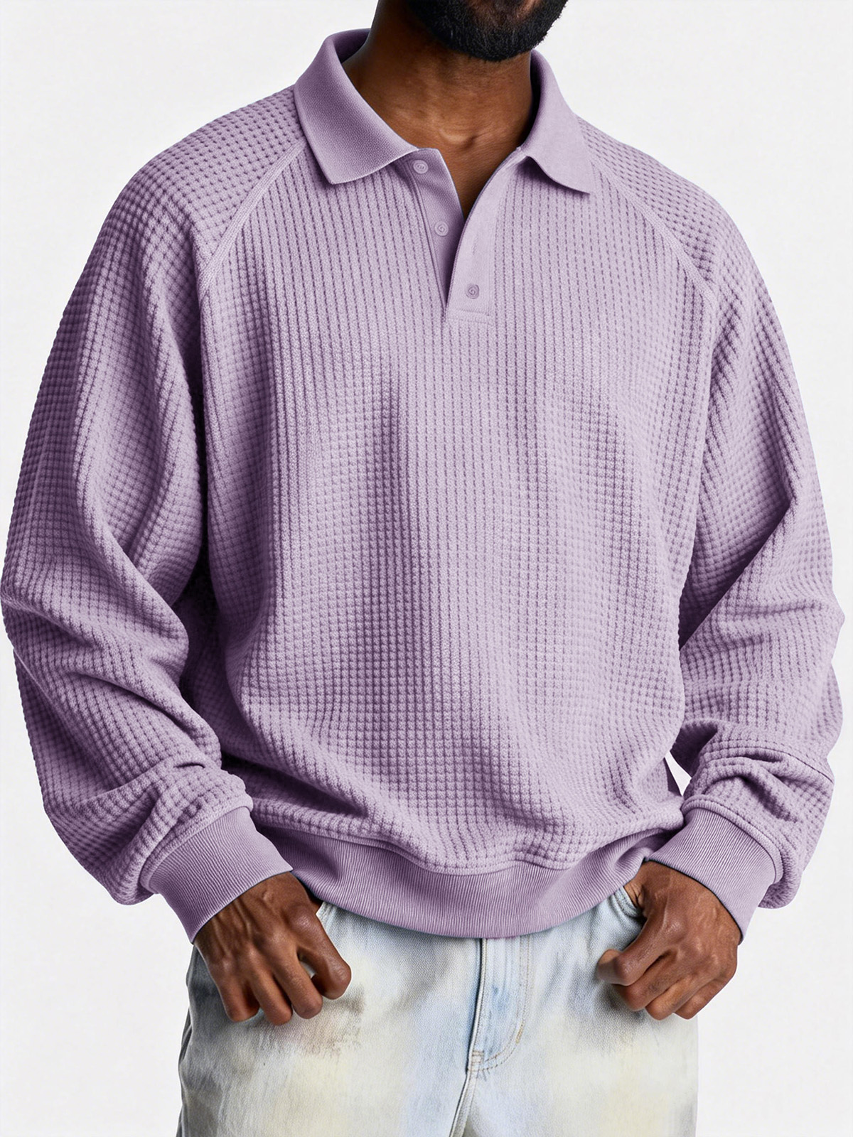 Men's Fashionable Casual Waffle Fabric Raglan Loose-Fit Collar Polo Shirt