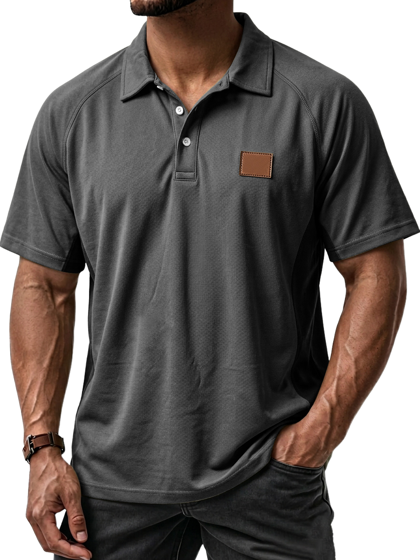 Men's Casual Raglan Color Block Embroidered Label Short-Sleeve Polo Shirt