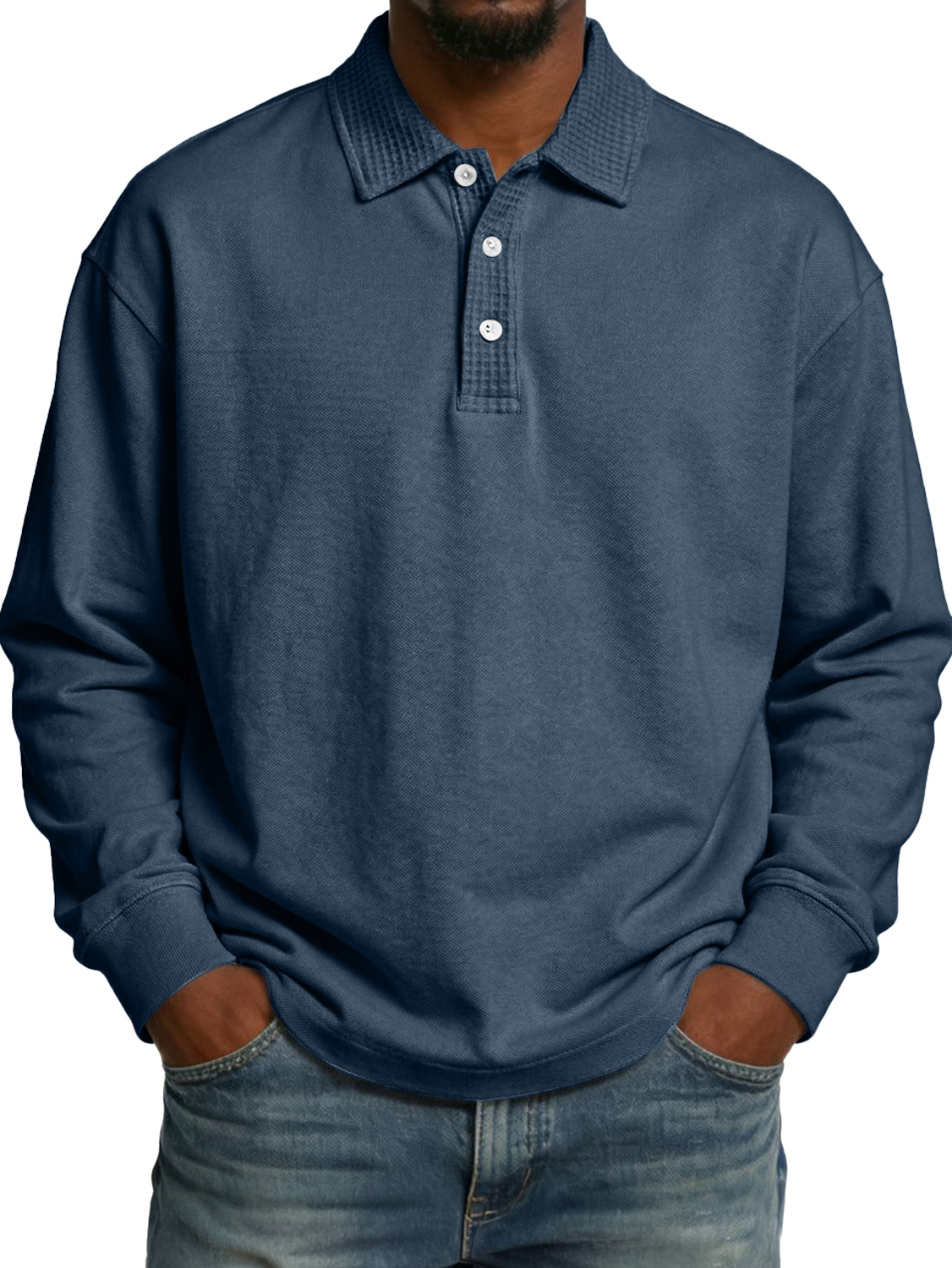 Men's Lapel Button-up Waffle-knit Patchwork Casual Long-sleeved Polo Shirt