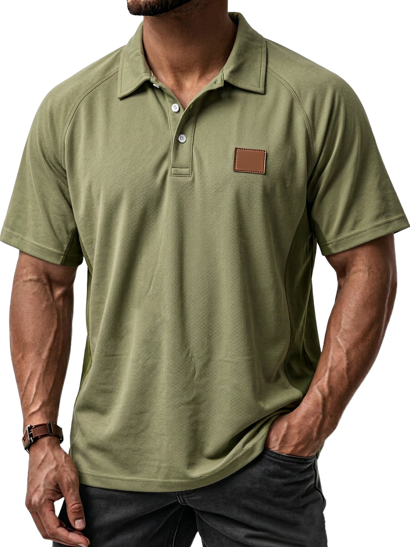 Men's Casual Raglan Color Block Embroidered Label Short-Sleeve Polo Shirt