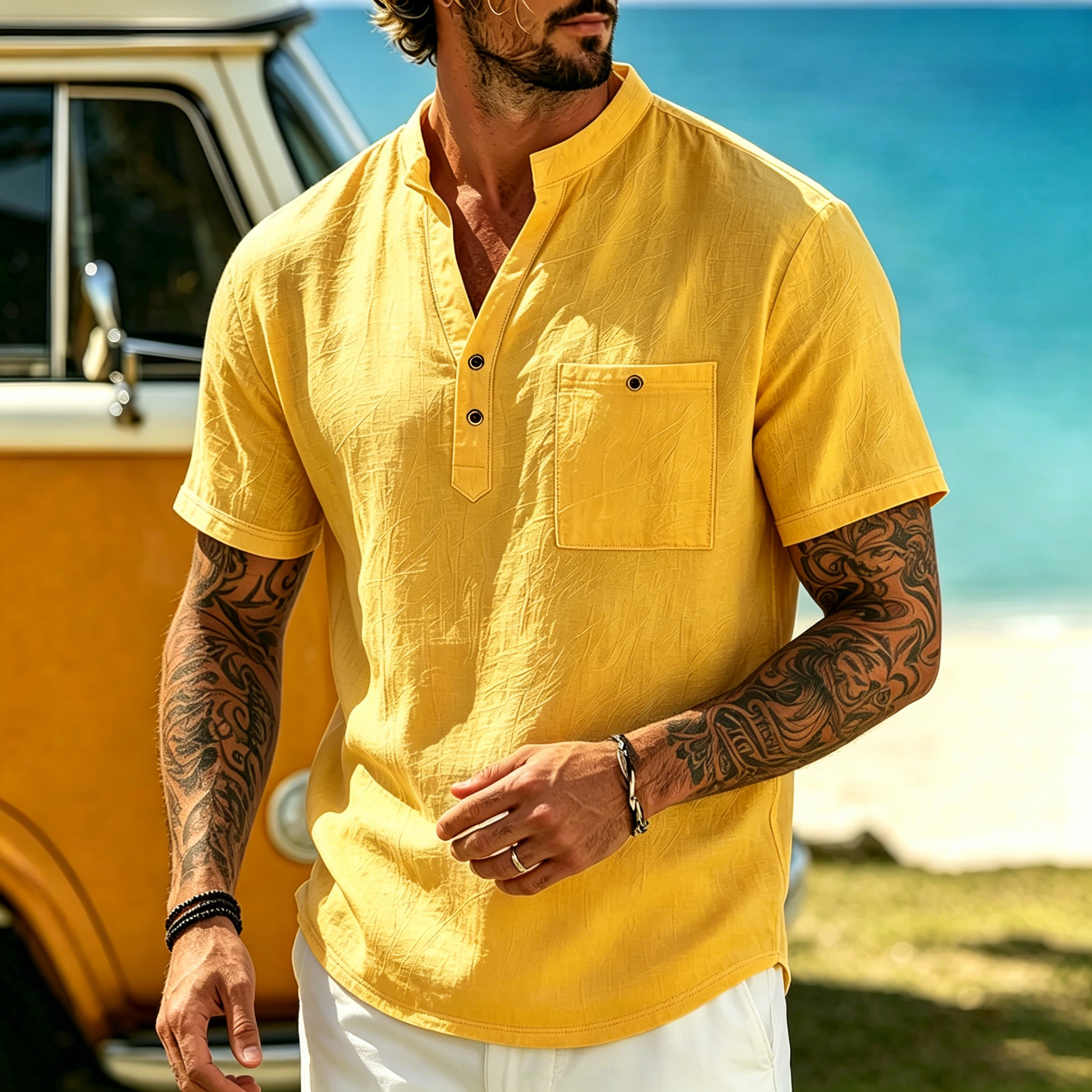 Men's Vacation Linen V-Neck Short Sleeve Shirt
