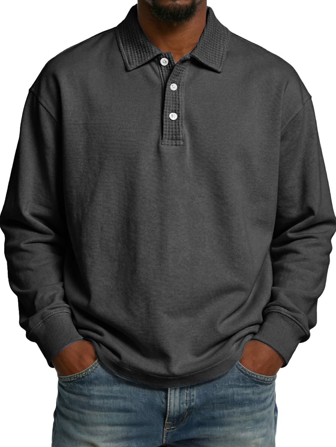 Men's Lapel Button-up Waffle-knit Patchwork Casual Long-sleeved Polo Shirt